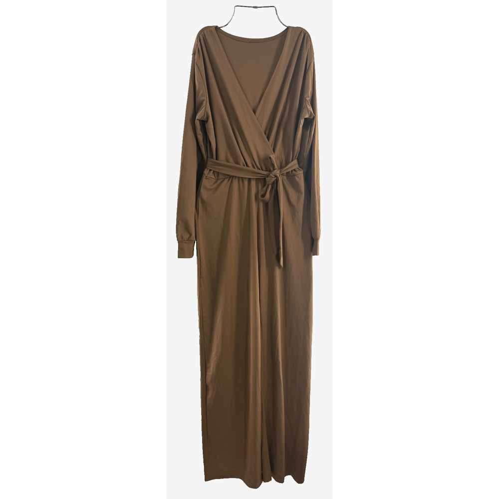 Jumpsuits for Women Dressy Long Sleeve V Neck Wide Leg Pants Romper Brown Sz L..